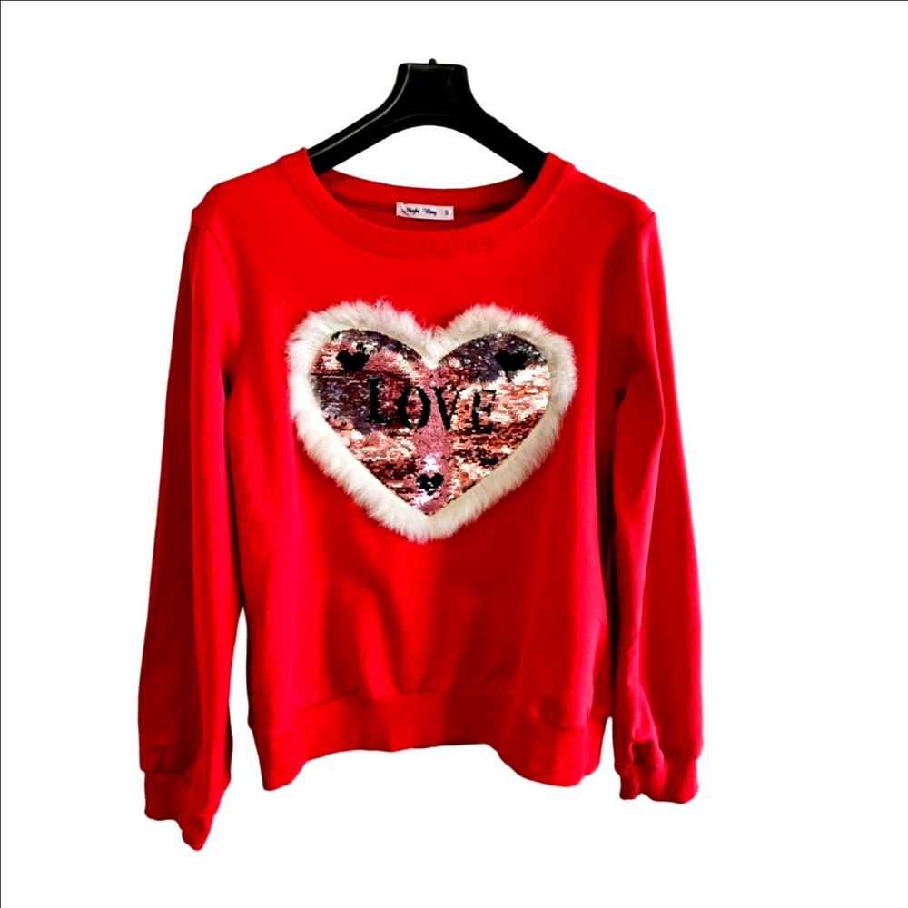 Valentine's Sequin Fur Heart LOVE Cotton Sweatshirt